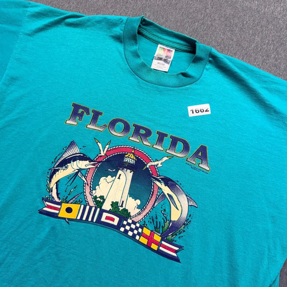 Vintage Fruit of the Loom Florida T Shirt XXL Teal Single Stitch 90s Souvenir
